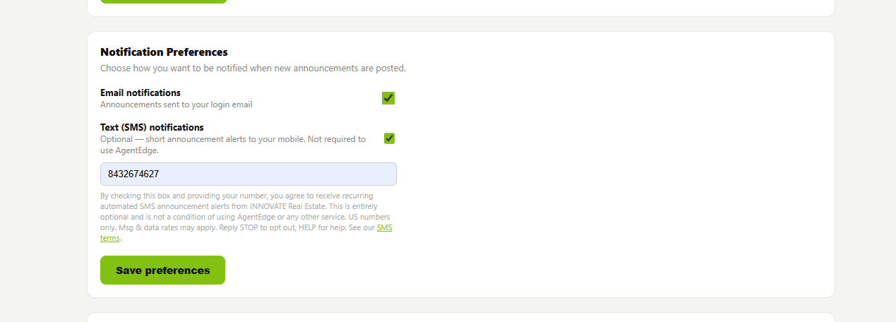 AgentEdge My Profile Notification Preferences card, Text (SMS) notifications checked, showing phone number field and consent disclosure text